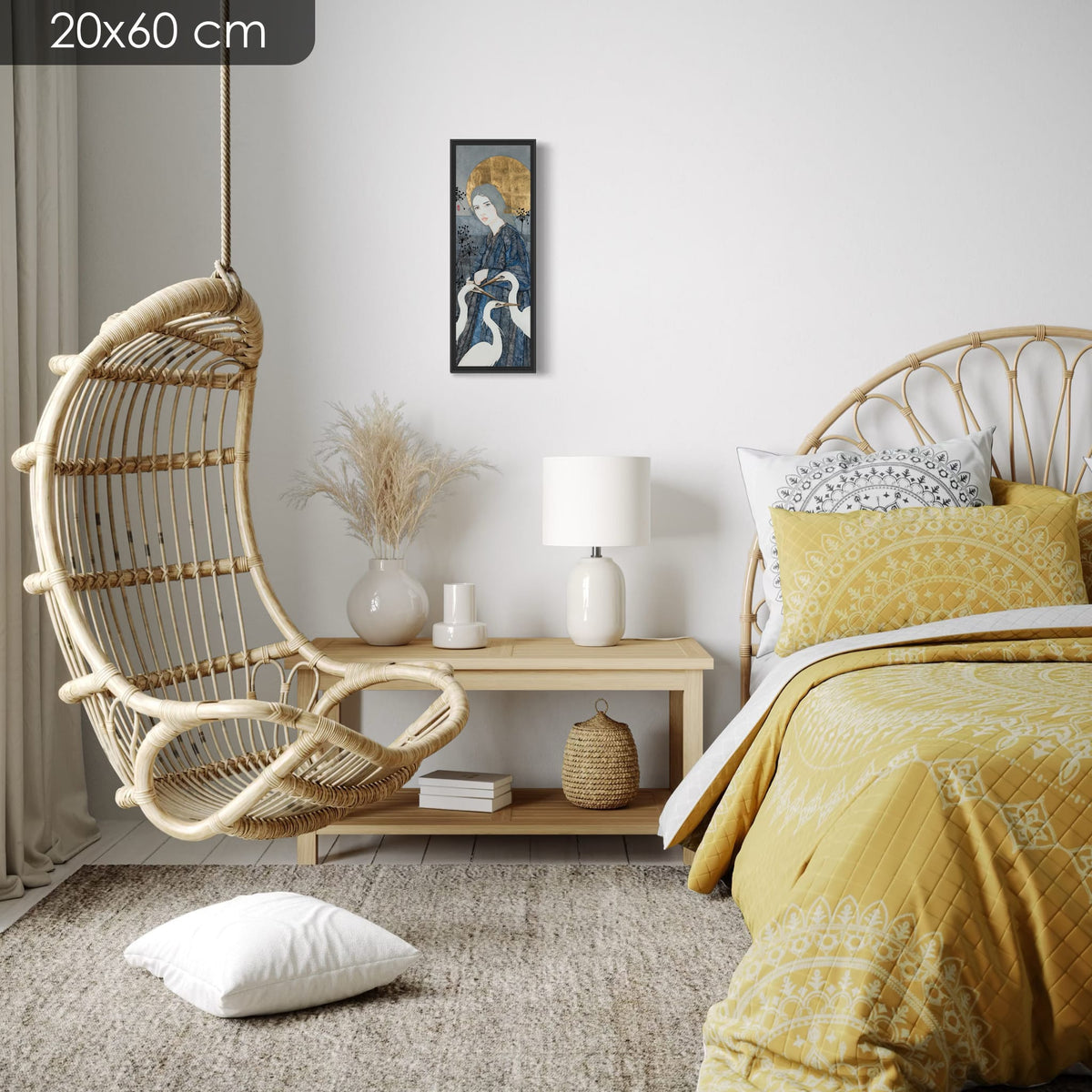« A pas de loup chaque matin, je lève le soleil, je danse avec la brume... » — série limitée 20 × 60 cm, caisse américaine Madison noire — chambre — Lalou Kraffe