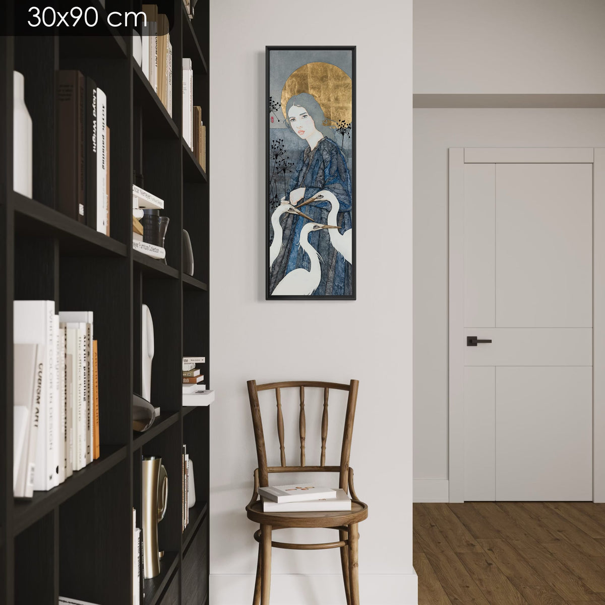 « A pas de loup chaque matin, je lève le soleil, je danse avec la brume... » — série limitée 30 × 90 cm, caisse américaine Madison noire — bibliotheque — Lalou Kraffe
