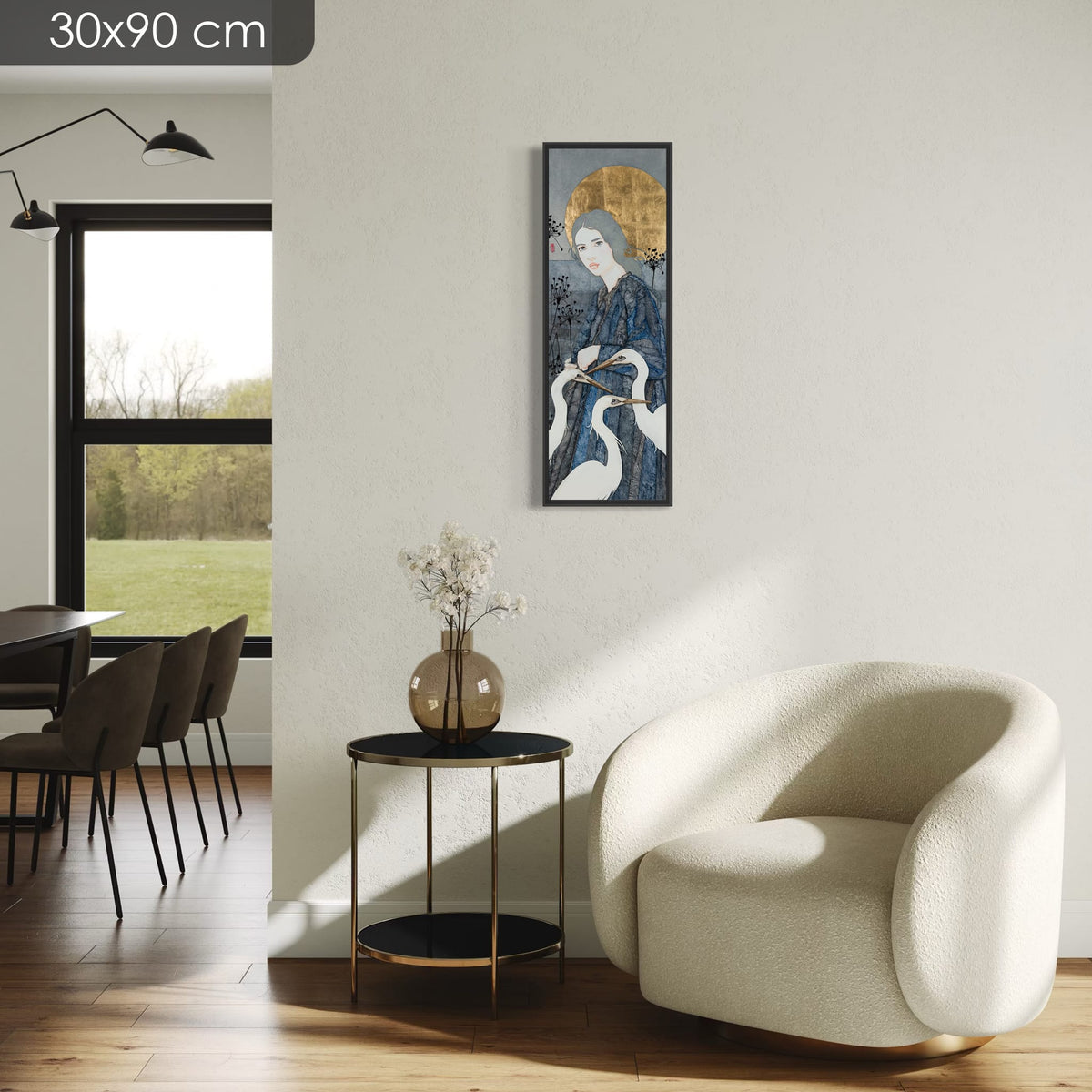 « A pas de loup chaque matin, je lève le soleil, je danse avec la brume... » — série limitée 30 × 90 cm, caisse américaine Madison noire — fauteuil-clair — Lalou Kraffe