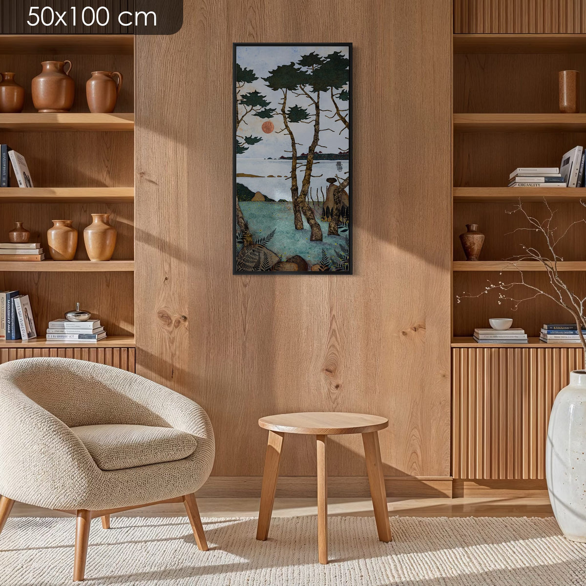 Allez viens poser tes fesses là... Juste à côté de moi... Au frais dans les fougères... Enivre-toi de pollen... Regarde les arbres danser... — simulation d’intérieur, 50x100 cm — caisse américaine noire — Lalou Kraffe