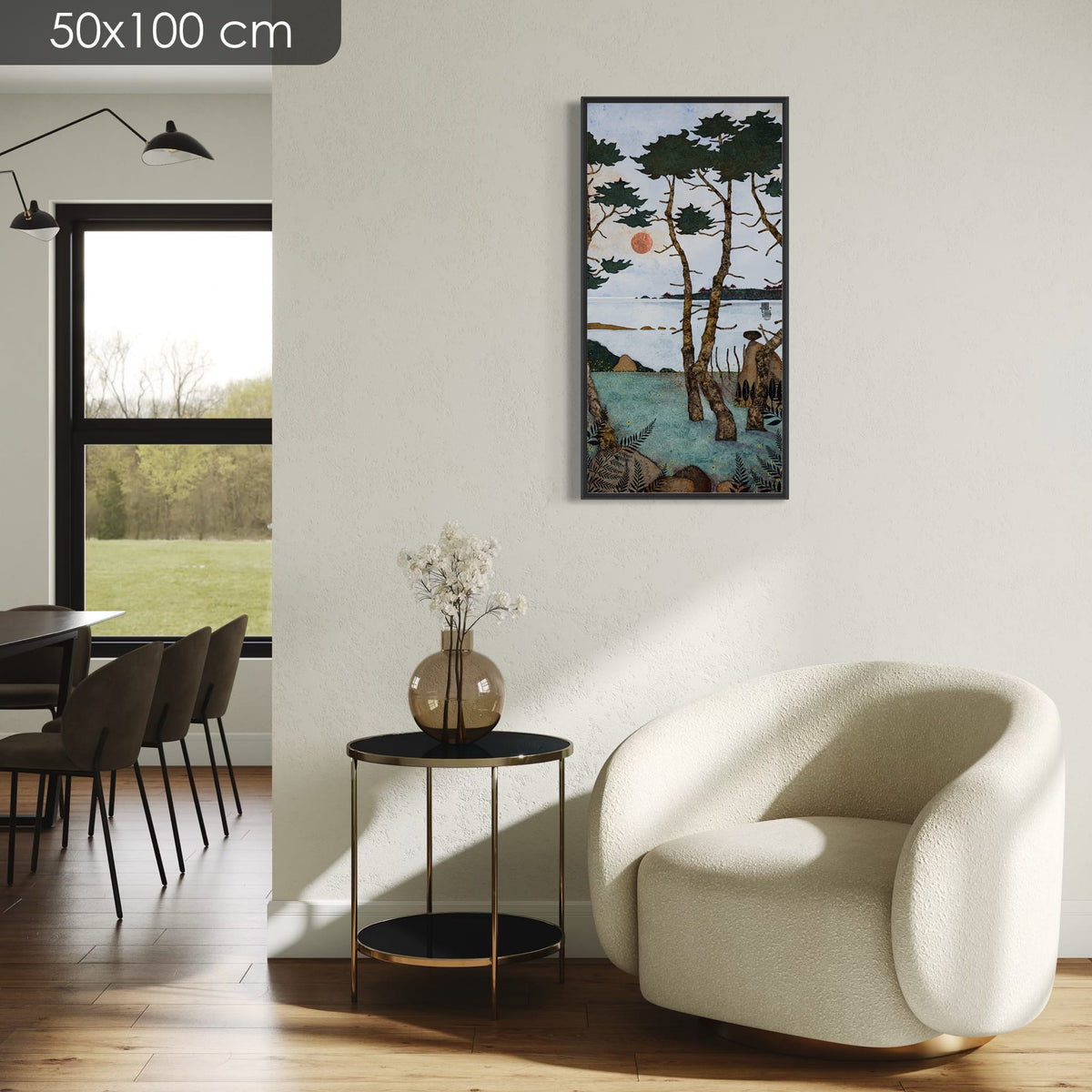 Allez viens poser tes fesses là... Juste à côté de moi... Au frais dans les fougères... Enivre-toi de pollen... Regarde les arbres danser... — simulation d’intérieur, 50x100 cm — caisse américaine noire — Lalou Kraffe