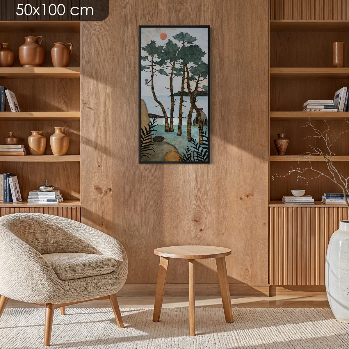 Allongée sur un lit de fougères odorantes... je file en rêverie... — simulation d’intérieur, 50x100 cm — caisse américaine noire — Lalou Kraffe