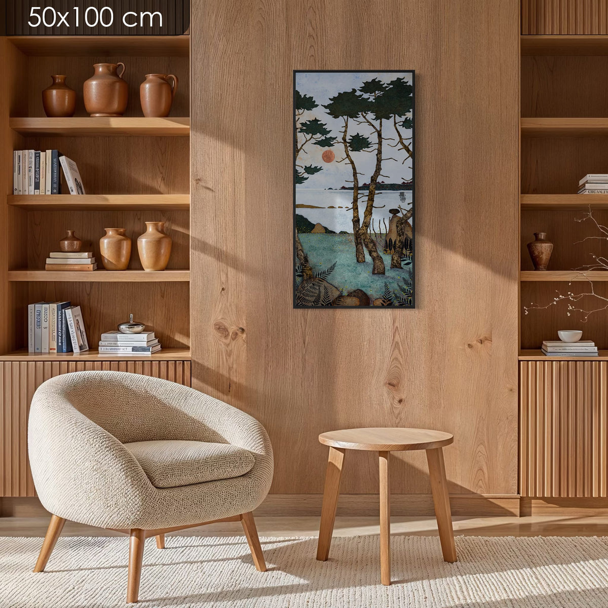 Allez viens poser tes fesses là... Juste à côté de moi... Au frais dans les fougères... Enivre-toi de pollen... Regarde les arbres danser... — simulation 50 × 100 cm — caisse américaine Madison noire — bibliotheque — Lalou Kraffe