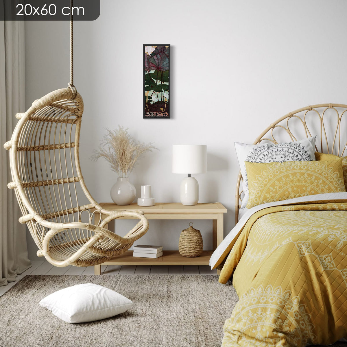 Chaque jour le jardin magique nourrissait mon coeur... — série limitée 20 × 60 cm, caisse américaine Madison noire — chambre — Lalou Kraffe