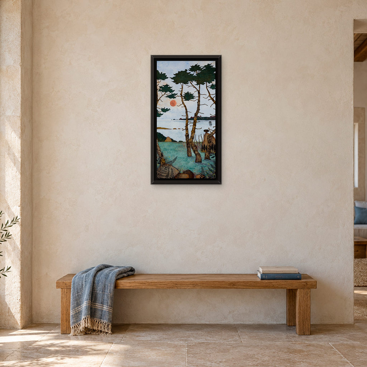 Allez viens poser tes fesses là — peinture originale 40 × 80 cm, caisse américaine XL noire 48 × 88 cm — mise en situation, accrochage rehaussé