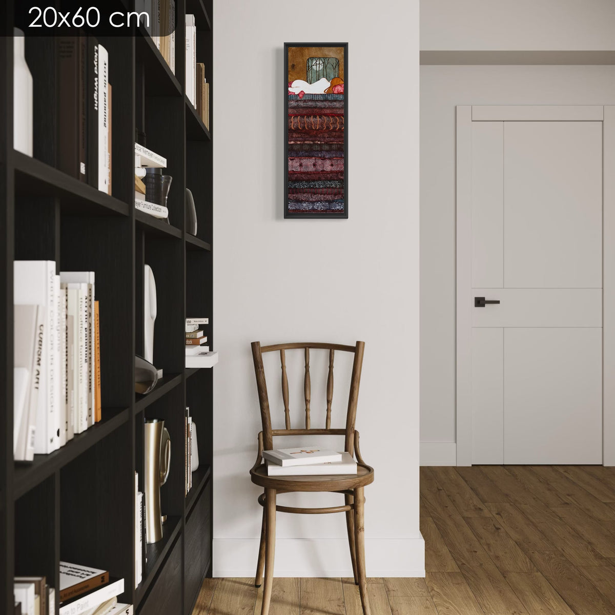 « J'ouvre un oeil et, improvisé spectateur, je me régale de cette douce conversation lumineuse entre deux lunes... Ô comblé je suis... » — série limitée 20 × 60 cm, caisse américaine Madison noire — bibliotheque — Lalou Kraffe