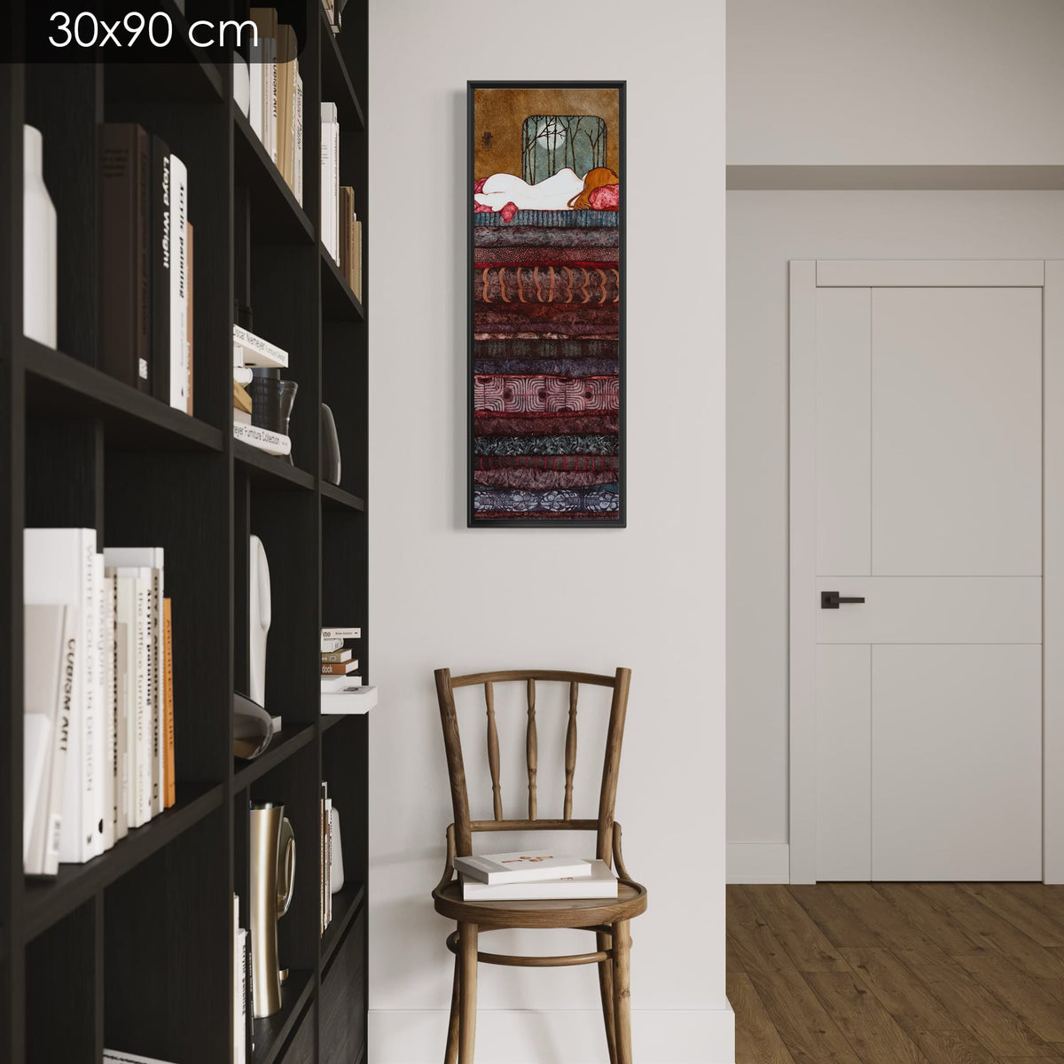 « J'ouvre un oeil et, improvisé spectateur, je me régale de cette douce conversation lumineuse entre deux lunes... Ô comblé je suis... » — série limitée 30 × 90 cm, caisse américaine Madison noire — bibliotheque — Lalou Kraffe