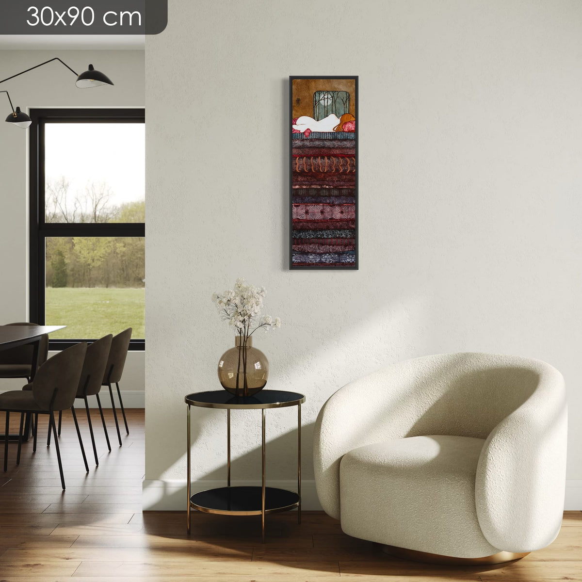 « J'ouvre un oeil et, improvisé spectateur, je me régale de cette douce conversation lumineuse entre deux lunes... Ô comblé je suis... » — série limitée 30 × 90 cm, caisse américaine Madison noire — fauteuil-clair — Lalou Kraffe