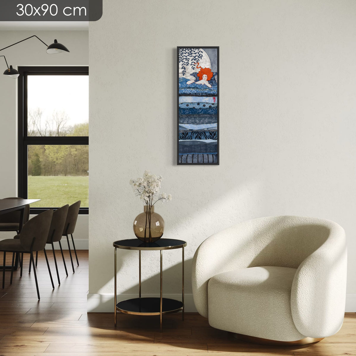 « Ta peau de lait est un dessert parfait pour mon invitée, la lune... » — série limitée 30 × 90 cm, caisse américaine Madison noire — fauteuil-clair — Lalou Kraffe
