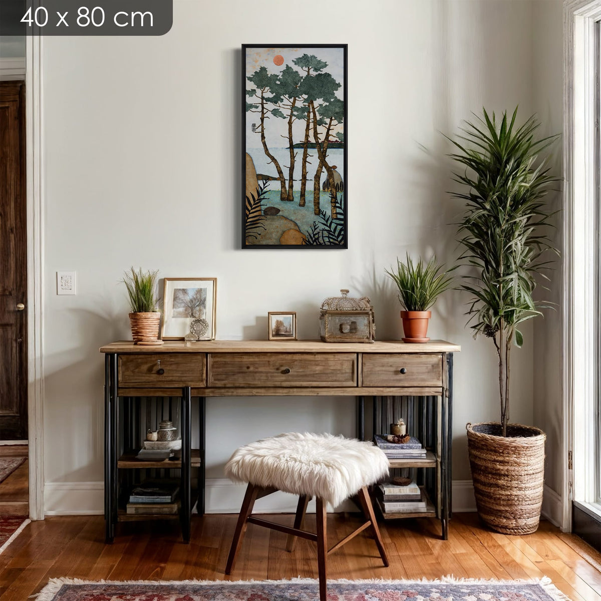 Allongée sur un lit de fougères odorantes... je file en rêverie... — simulation 40 × 80 cm — caisse américaine Madison noire — console — Lalou Kraffe