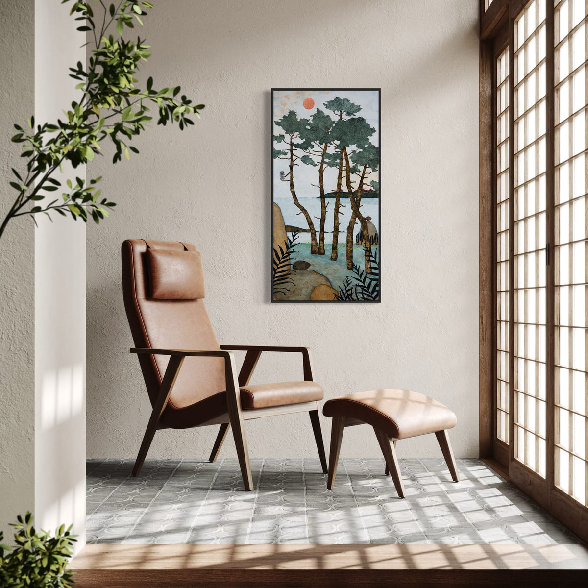 Allongée sur un lit de fougères odorantes... je file en rêverie... — simulation 50 × 100 cm — caisse américaine Madison noire — fauteuil — Lalou Kraffe