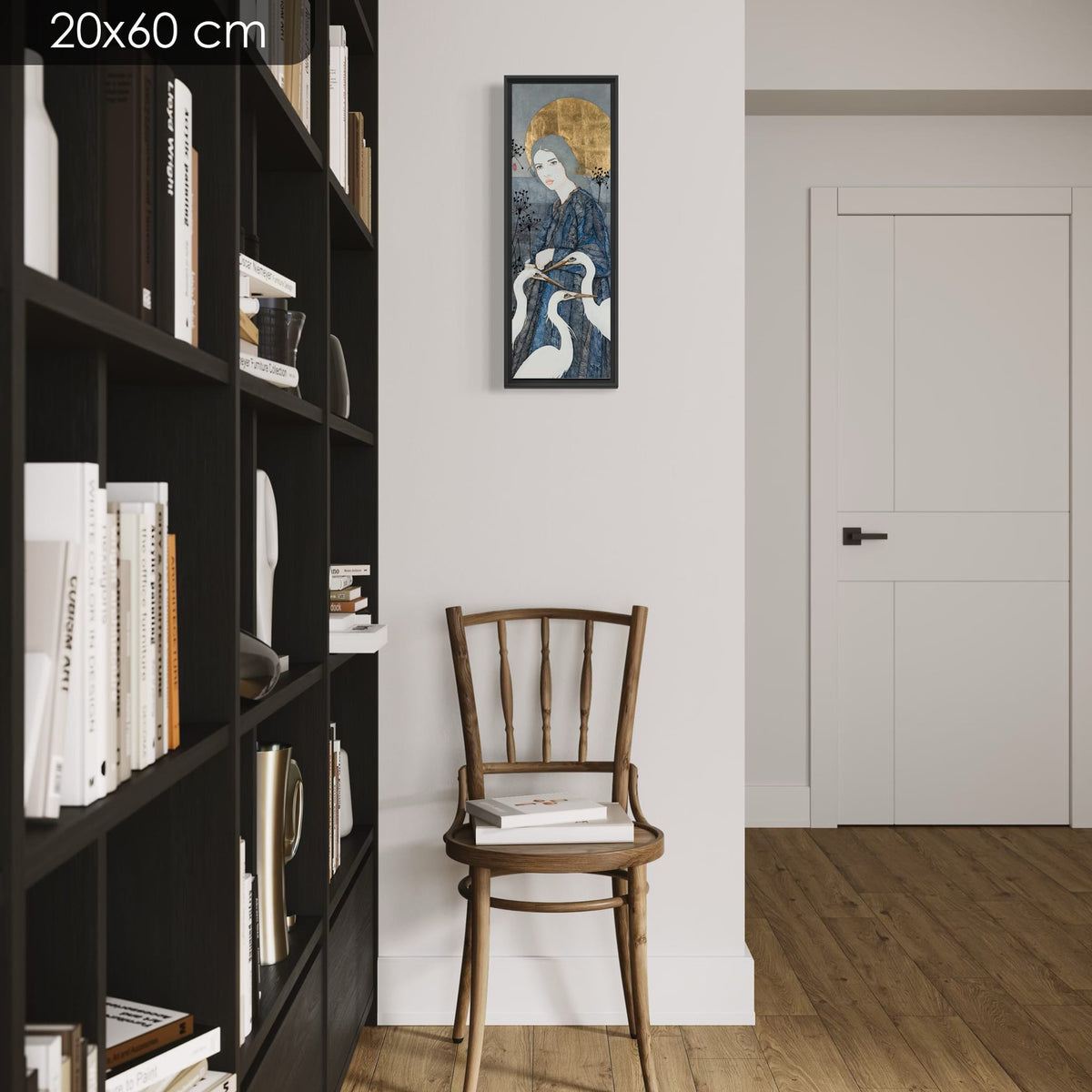 « A pas de loup chaque matin, je lève le soleil, je danse avec la brume... » — série limitée 20 × 60 cm, caisse américaine Madison noire — bibliotheque — Lalou Kraffe