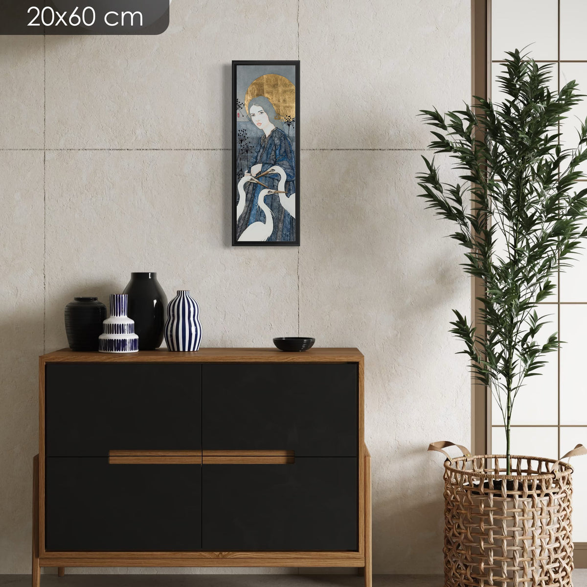 « A pas de loup chaque matin, je lève le soleil, je danse avec la brume... » — série limitée 20 × 60 cm, caisse américaine Madison noire — console — Lalou Kraffe