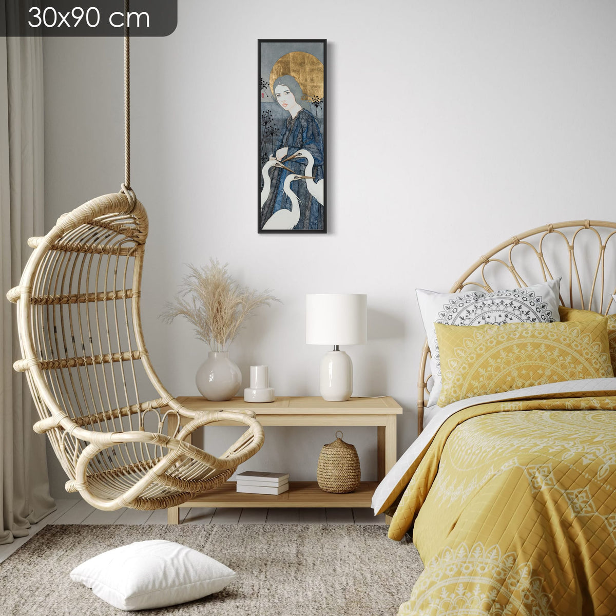 « A pas de loup chaque matin, je lève le soleil, je danse avec la brume... » — série limitée 30 × 90 cm, caisse américaine Madison noire — chambre — Lalou Kraffe