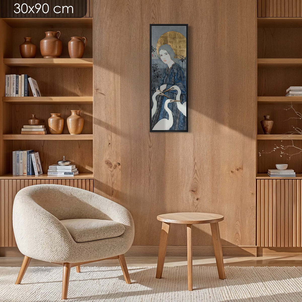 « A pas de loup chaque matin, je lève le soleil, je danse avec la brume... » — série limitée 30 × 90 cm, caisse américaine Madison noire — salon-bois — Lalou Kraffe