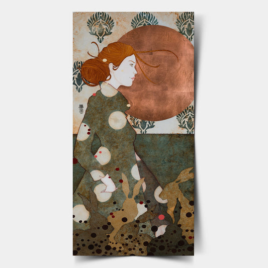 « Accompagnée par les lièvres, les oiseaux et la rosée du matin je file dans mes pensées saluer le jour qui s’éveille » — tirage seul 30 × 60 cm, gabarit édition d’art — Lalou Kraffe