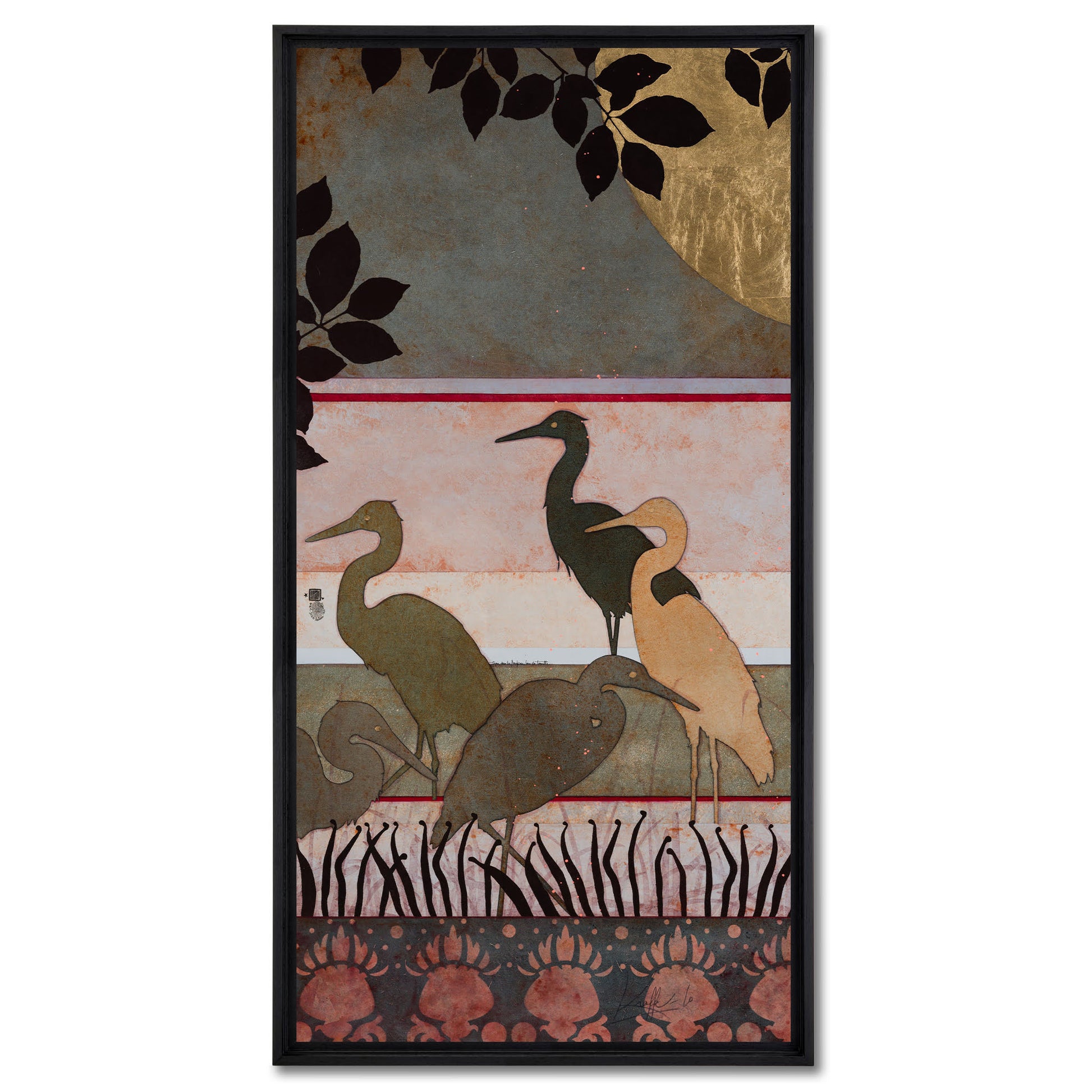 Aigrettes, japonisant, estampe, nature moderne en diptyque, peintre femme Normandie et Bretagne
