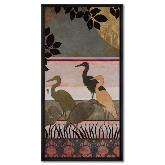 Aigrettes, japonisant, estampe, nature moderne en diptyque, peintre femme Normandie et Bretagne