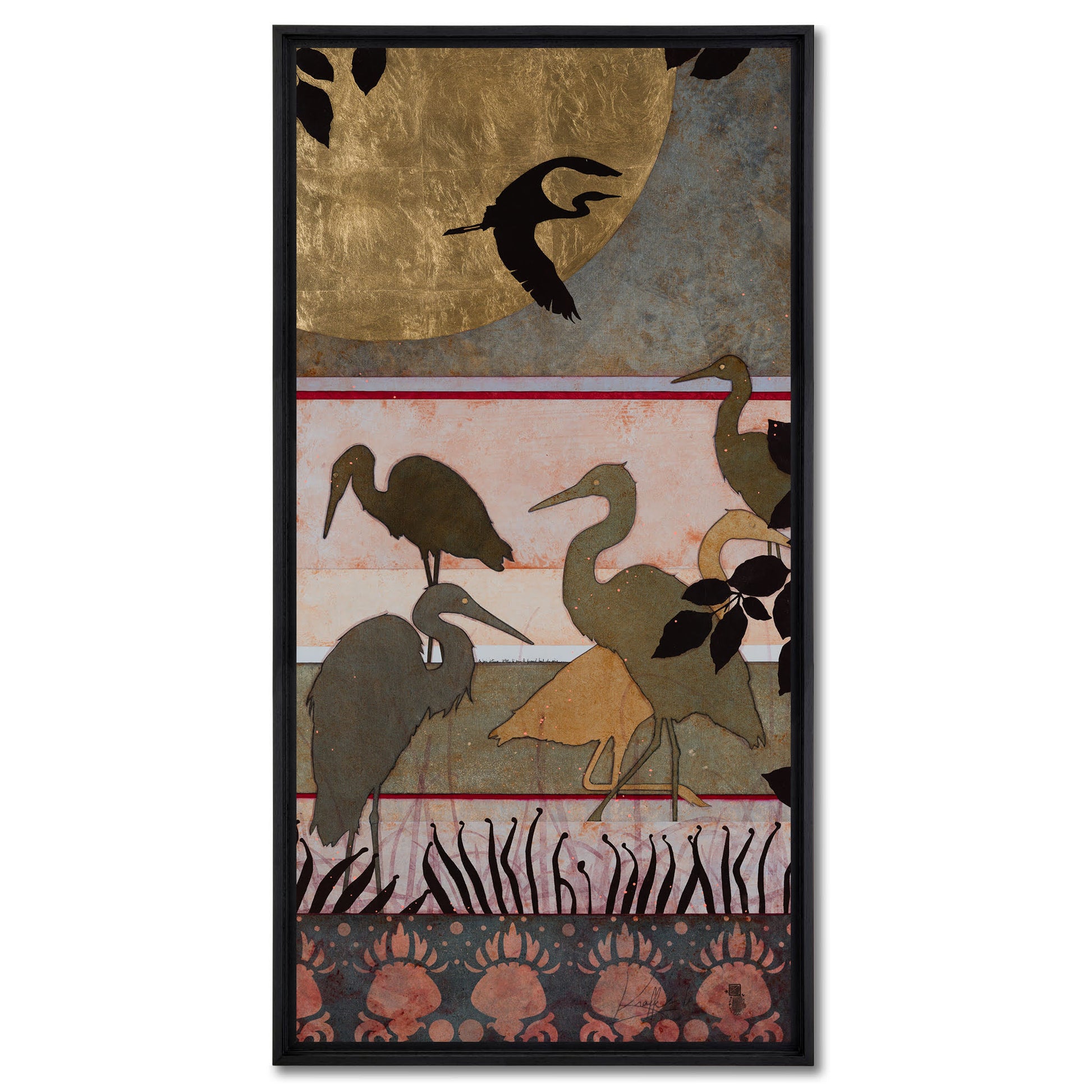 Aigrettes, japonisant, estampe, nature moderne en diptyque, peintre femme Normandie et Bretagne