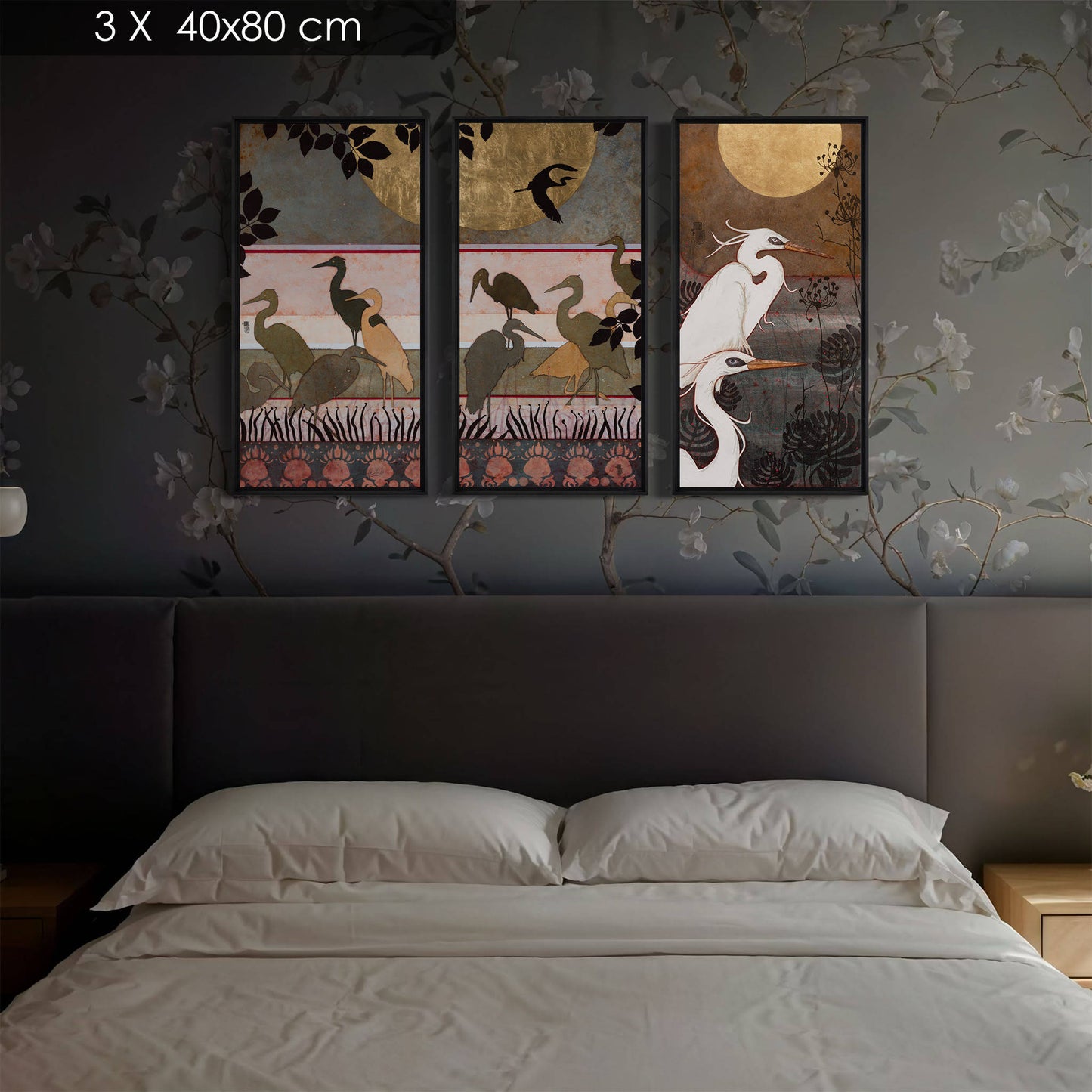 Aigrettes, japonisant, estampe, nature moderne en diptyque, peintre femme Normandie et Bretagne