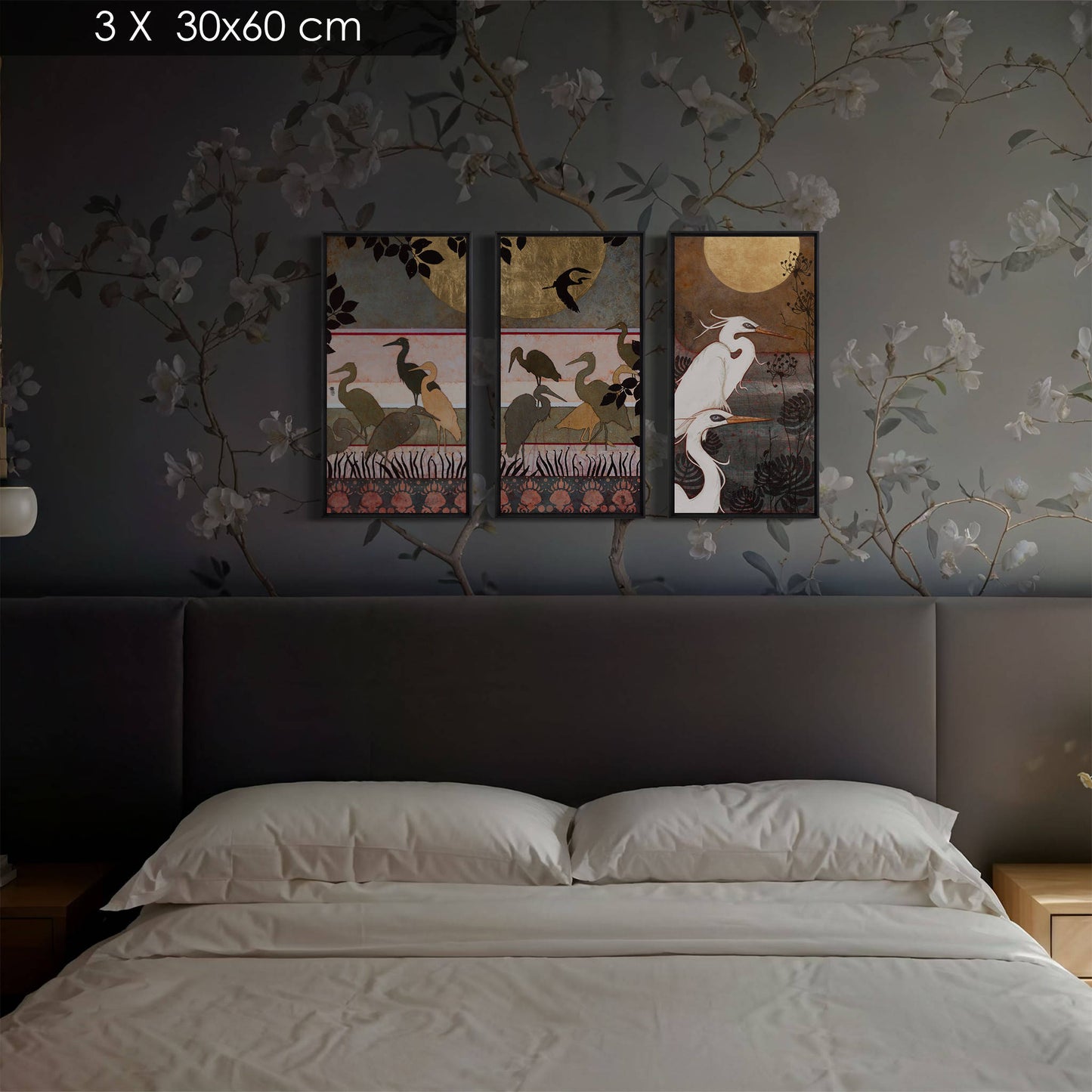 Aigrettes, japonisant, estampe, nature moderne en diptyque, peintre femme Normandie et Bretagne