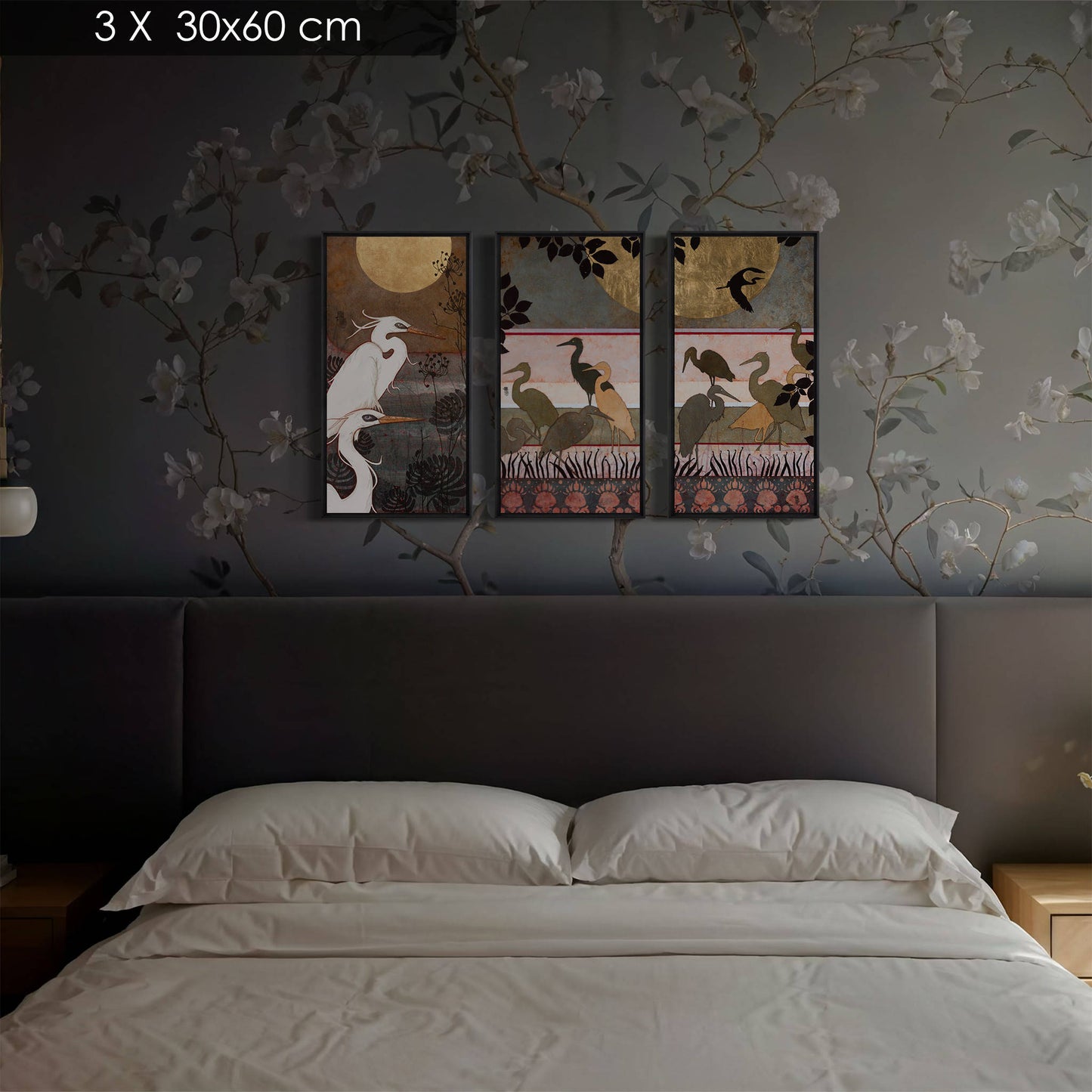 Aigrettes, japonisant, estampe, nature moderne en diptyque, peintre femme Normandie et Bretagne