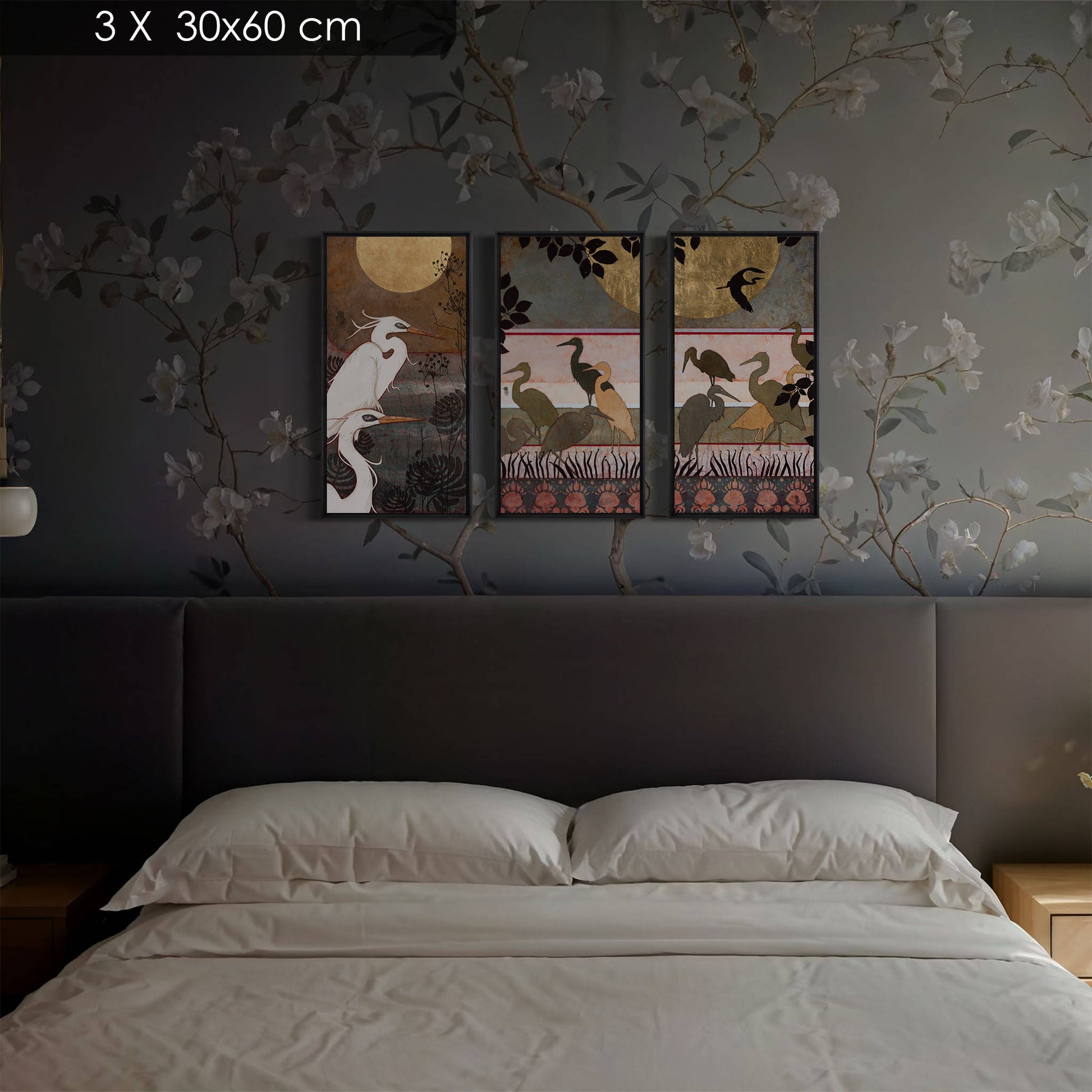 Aigrettes, japonisant, estampe, nature moderne en diptyque, peintre femme Normandie et Bretagne