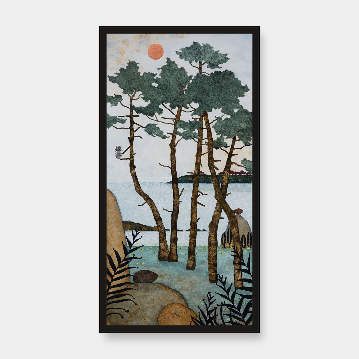 « Allongée sur un lit de fougères odorantes... je file en rêverie... » — édition d’art 30 × 60 cm avec cadre noir — vue de face