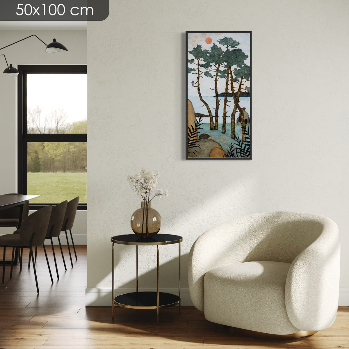 Allongée sur un lit de fougères odorantes... je file en rêverie... — simulation d’intérieur, 50x100 cm — caisse américaine noire — Lalou Kraffe