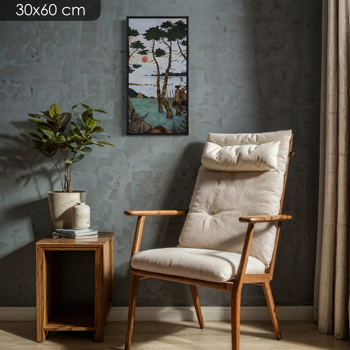 Allez viens poser tes fesses là... Juste à côté de moi... Au frais dans les fougères... Enivre-toi de pollen... Regarde les arbres danser... — simulation 30 × 60 cm — caisse américaine Madison noire — fauteuil — Lalou Kraffe
