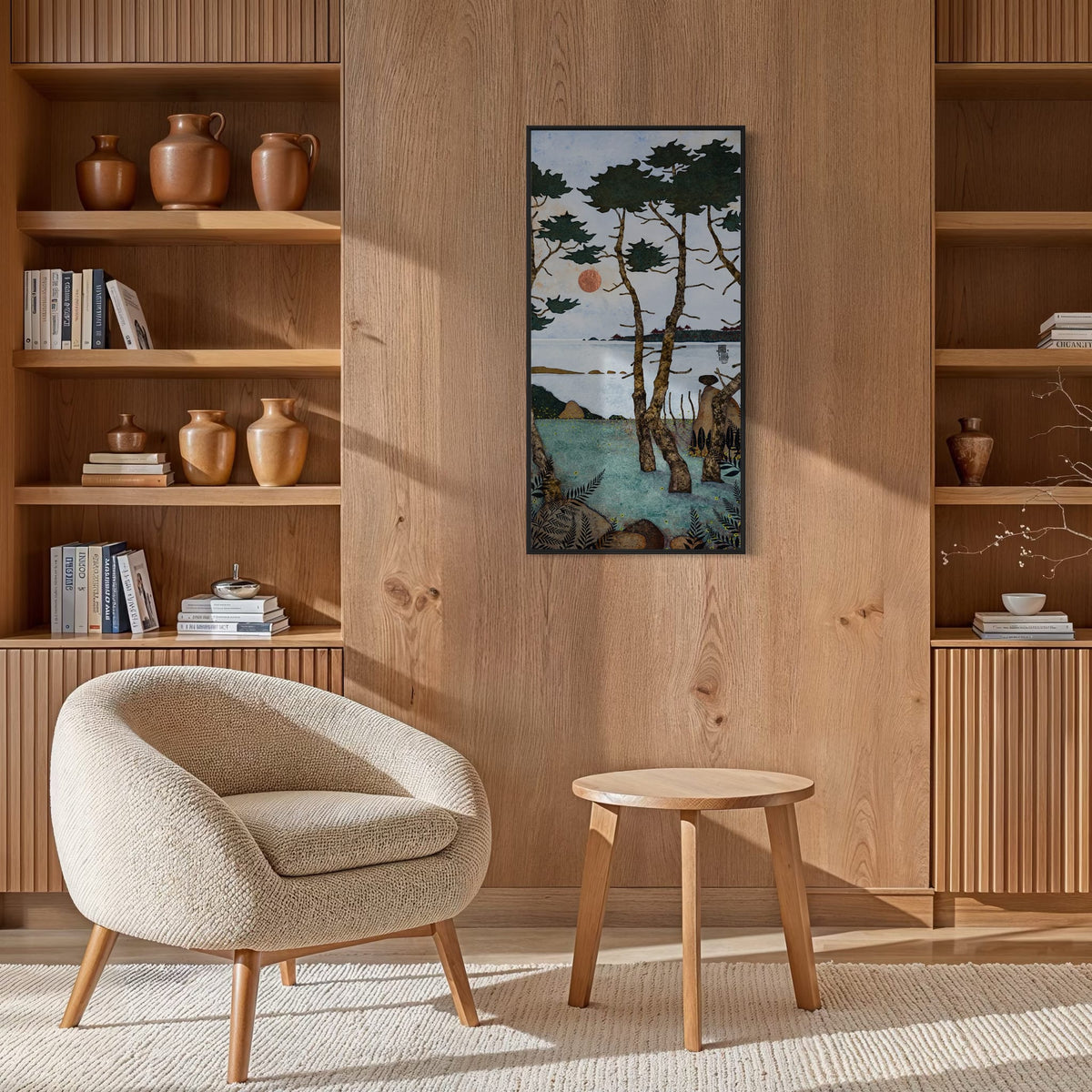 Allez viens poser tes fesses là... Juste à côté de moi... Au frais dans les fougères... Enivre-toi de pollen... Regarde les arbres danser... — simulation 50 × 100 cm — caisse américaine Madison noire — bibliotheque — Lalou Kraffe
