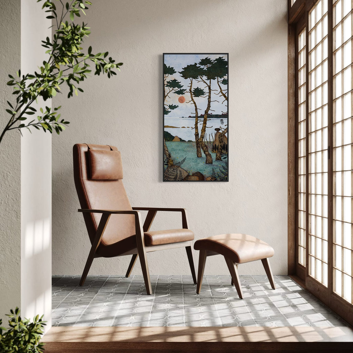 Allez viens poser tes fesses là... Juste à côté de moi... Au frais dans les fougères... Enivre-toi de pollen... Regarde les arbres danser... — simulation 50 × 100 cm — caisse américaine Madison noire — fauteuil — Lalou Kraffe