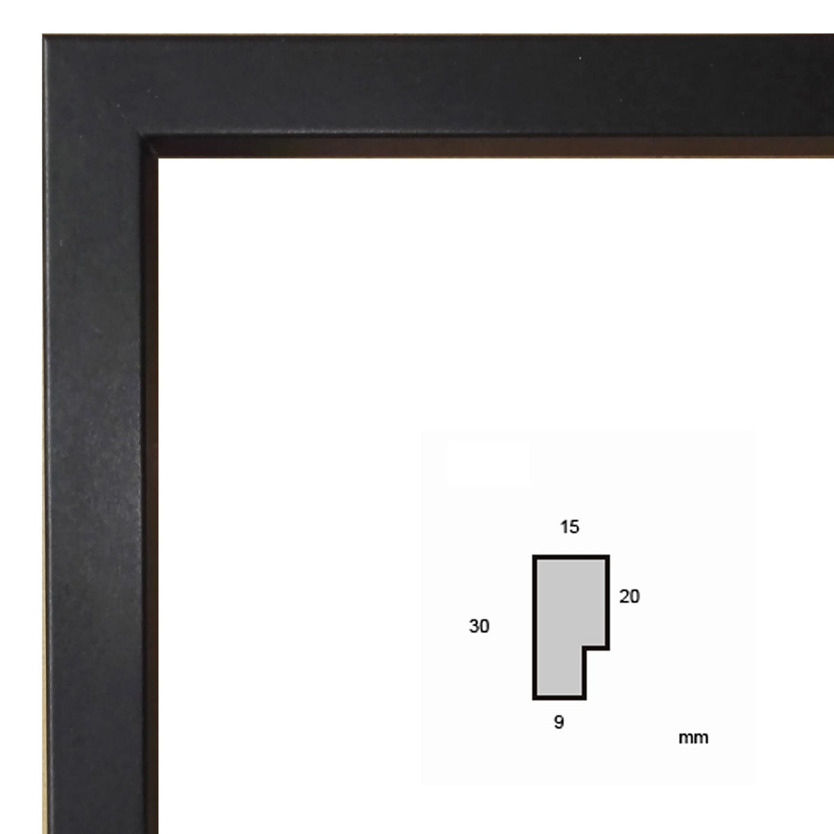 Cadre noir pour les éditions d’art — détail de la baguette et profil 15 × 30 mm