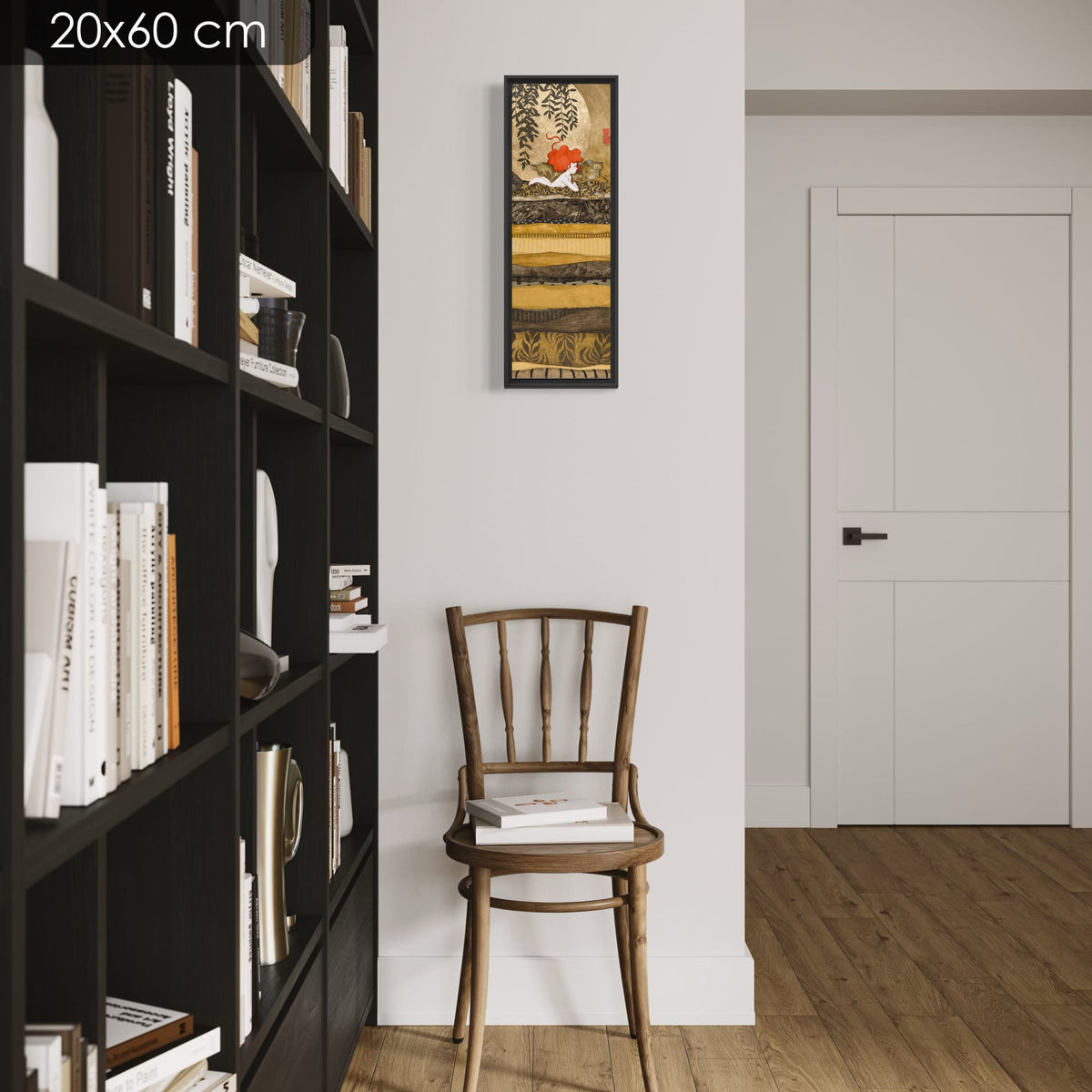 « Ce soir, une rousse panthère chasse dans les coussins, câlins et jeux de mains » — série limitée 20 × 60 cm, caisse américaine Madison noire — bibliotheque — Lalou Kraffe