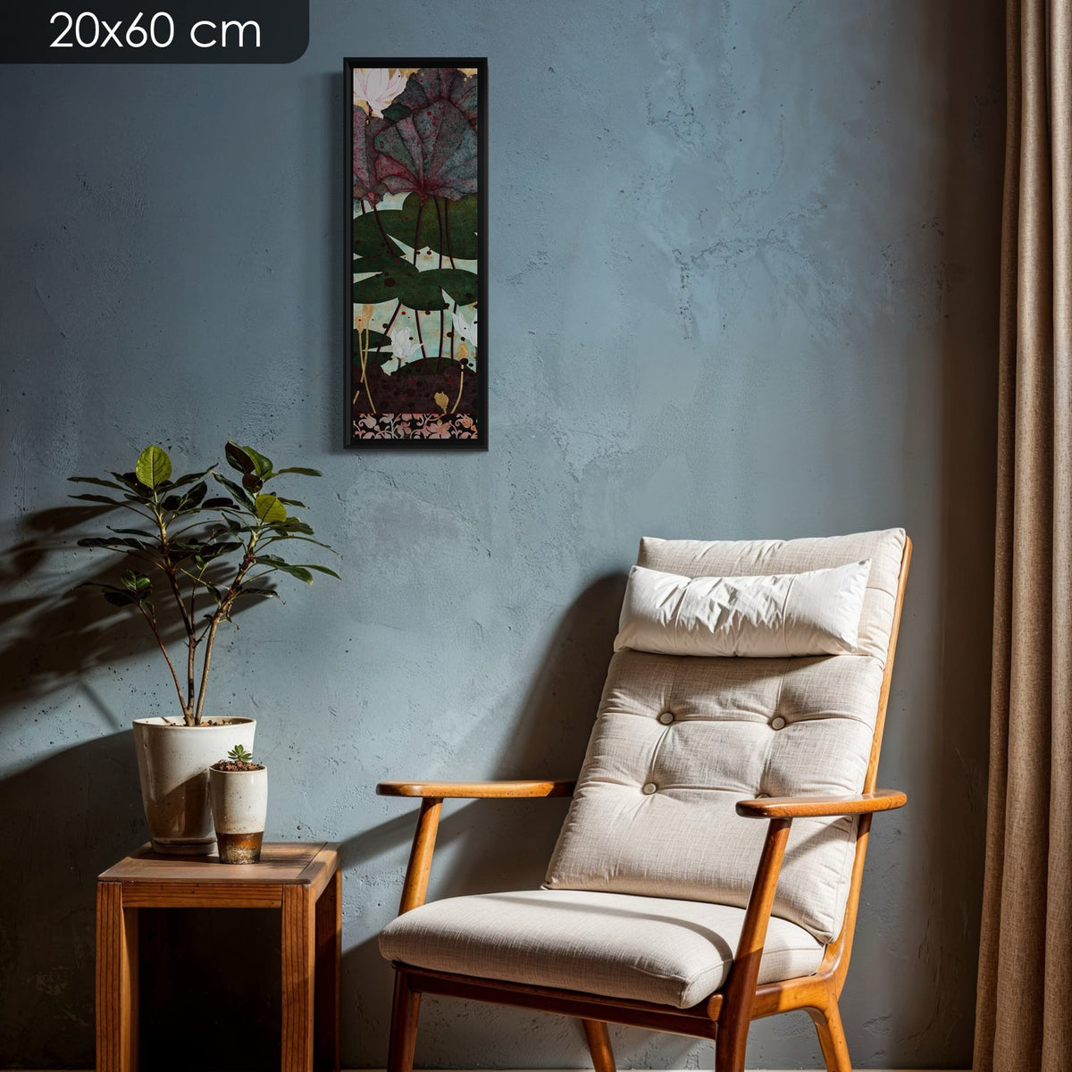 Chaque jour le jardin magique nourrissait mon coeur... — série limitée 20 × 60 cm, caisse américaine Madison noire — fauteuil-mur-bleu — Lalou Kraffe