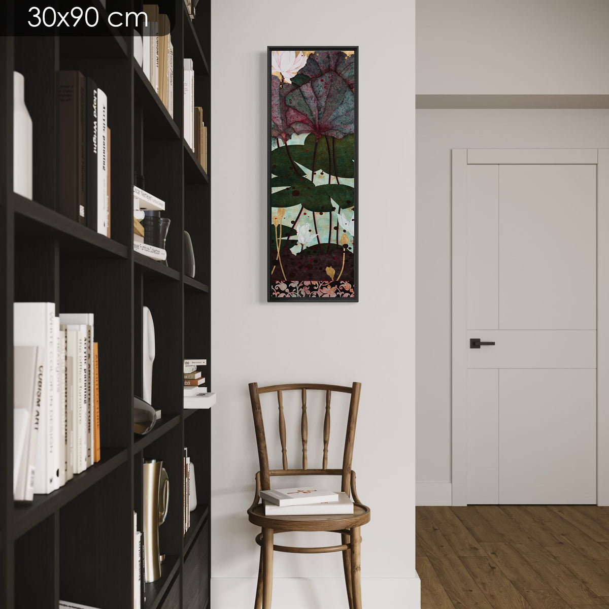 Chaque jour le jardin magique nourrissait mon coeur... — série limitée 30 × 90 cm, caisse américaine Madison noire — bibliotheque — Lalou Kraffe