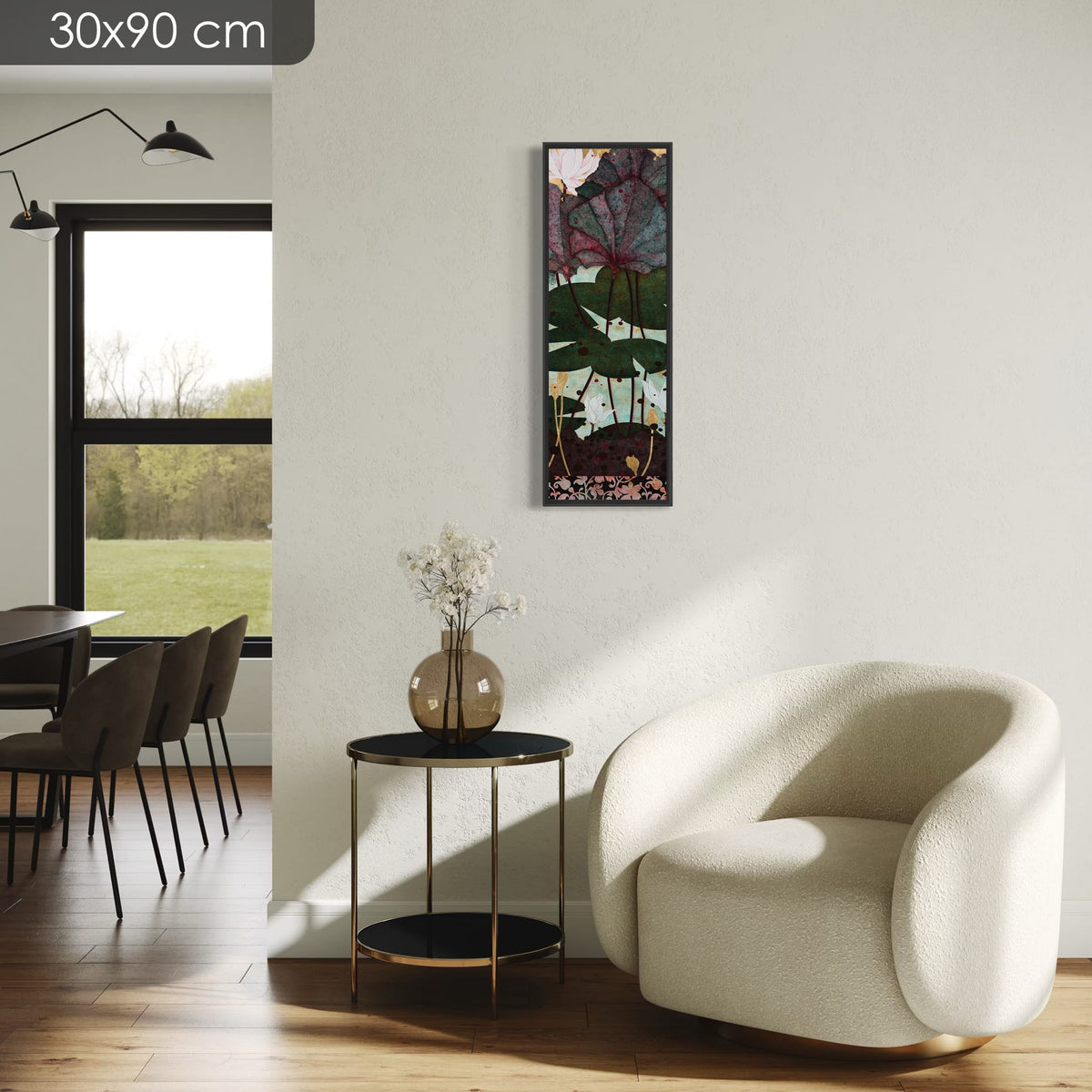 Chaque jour le jardin magique nourrissait mon coeur... — série limitée 30 × 90 cm, caisse américaine Madison noire — fauteuil-clair — Lalou Kraffe