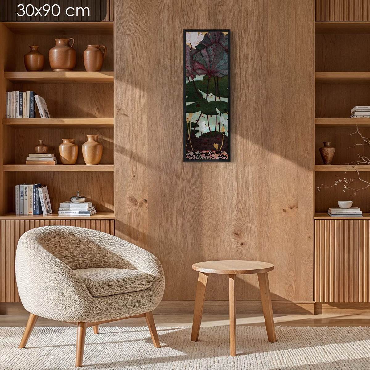 Chaque jour le jardin magique nourrissait mon coeur... — série limitée 30 × 90 cm, caisse américaine Madison noire — salon-bois — Lalou Kraffe