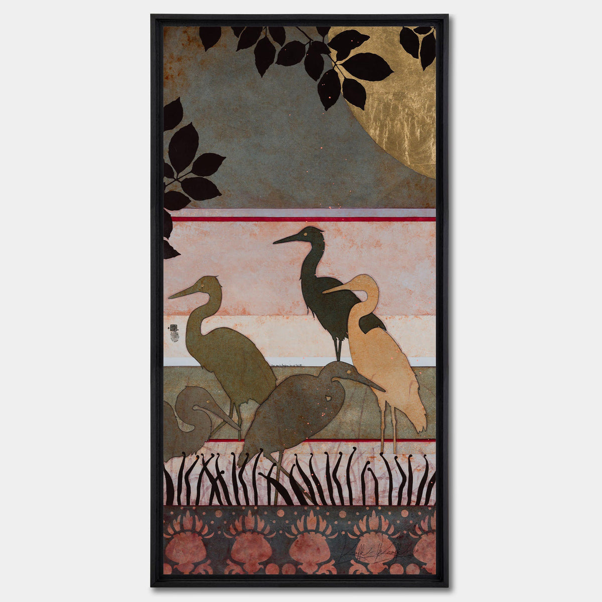 Aigrettes, japonisant, estampe, nature moderne en diptyque, peintre femme Normandie et Bretagne