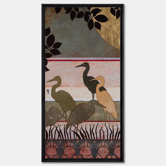 Aigrettes, japonisant, estampe, nature moderne en diptyque, peintre femme Normandie et Bretagne