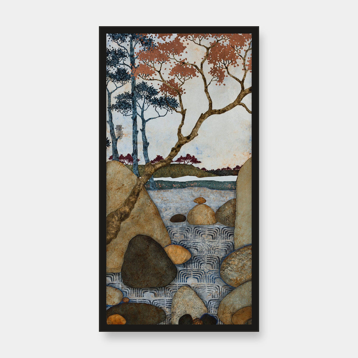 Diptyque: « Embrasser la nature à bras l’corps et se faire un grand châle réconfortant avec le tintement de l’eau et le murmure des feuilles. » — édition d’art 30 × 60 cm avec cadre noir — vue de face