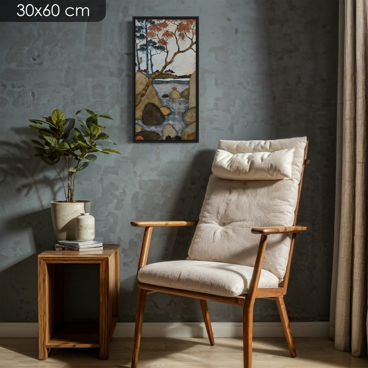 Diptyque: « Embrasser la nature à bras l’corps et se faire un grand châle réconfortant avec le tintement de l’eau et le murmure des feuilles. » — édition d’art 30 × 60 cm avec cadre noir — mise en situation