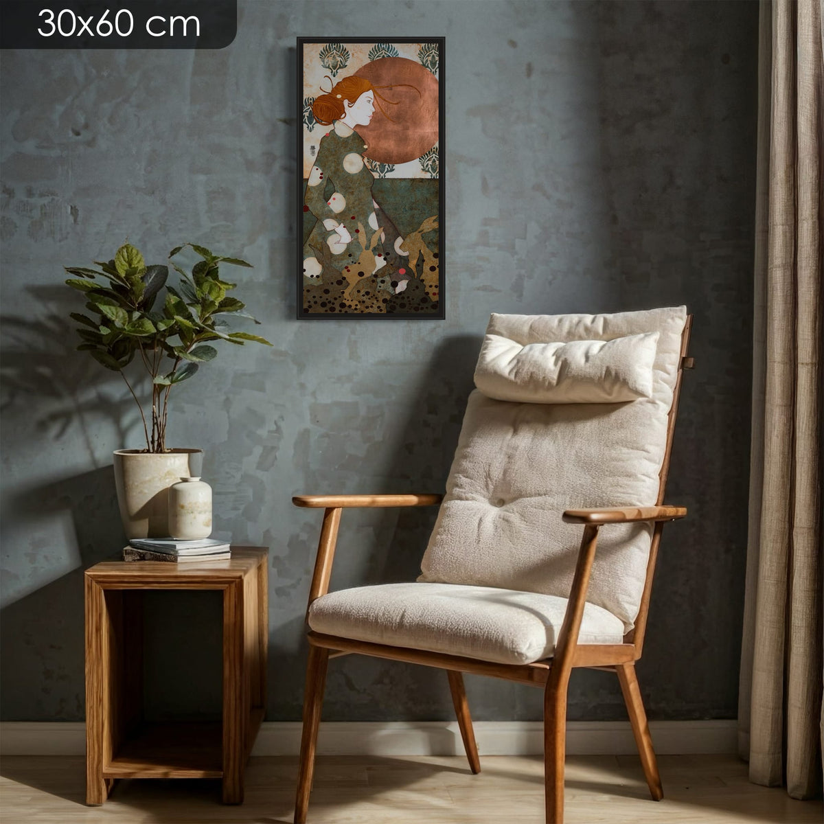 « Accompagnée par les lièvres, les oiseaux et la rosée du matin je file dans mes pensées saluer le jour qui s’éveille » — édition d’art 30 × 60 cm avec cadre noir — mise en situation
