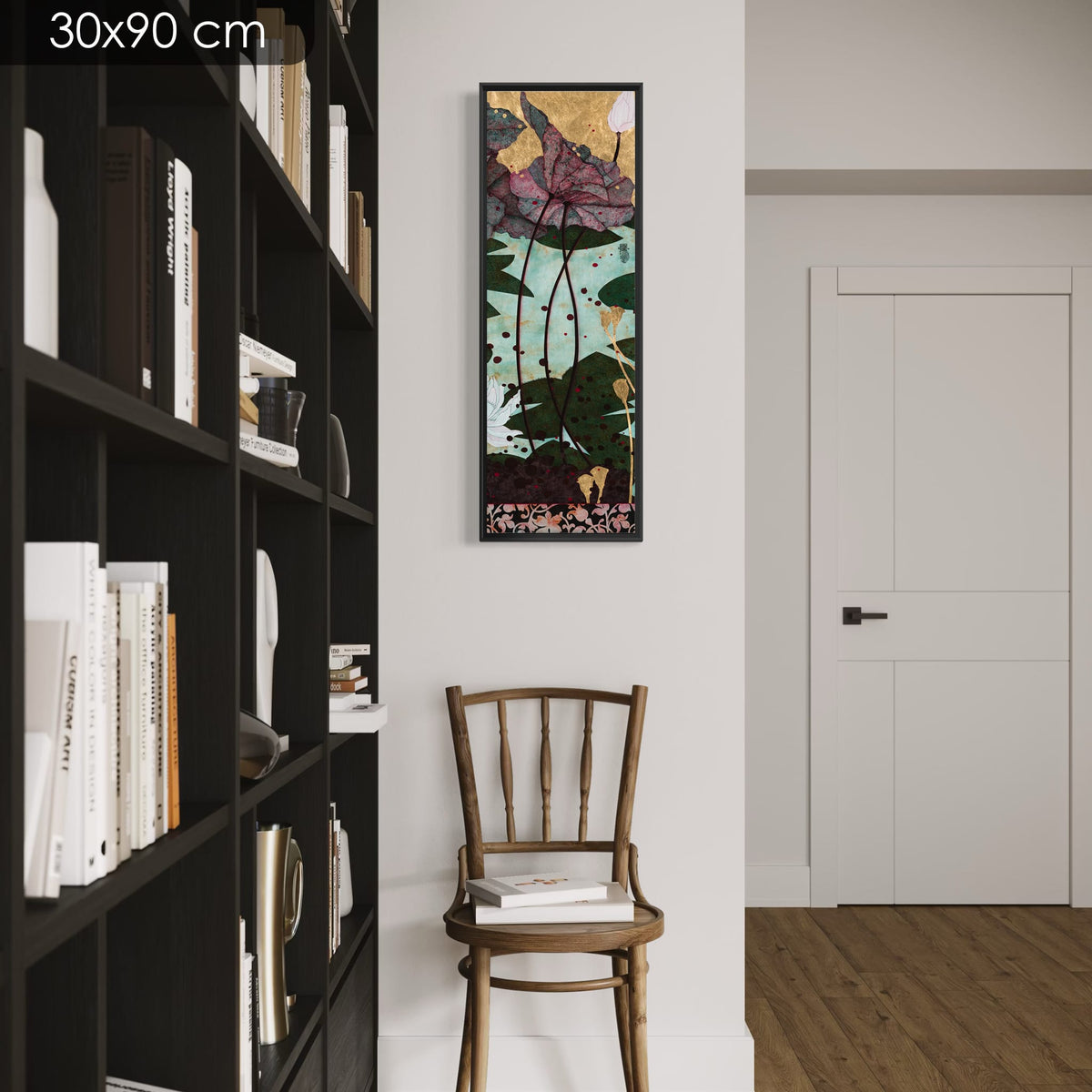 Et les grenouilles chatouillaient mes sens... plaisir indescriptible... — série limitée 30 × 90 cm, caisse américaine Madison noire — bibliotheque — Lalou Kraffe
