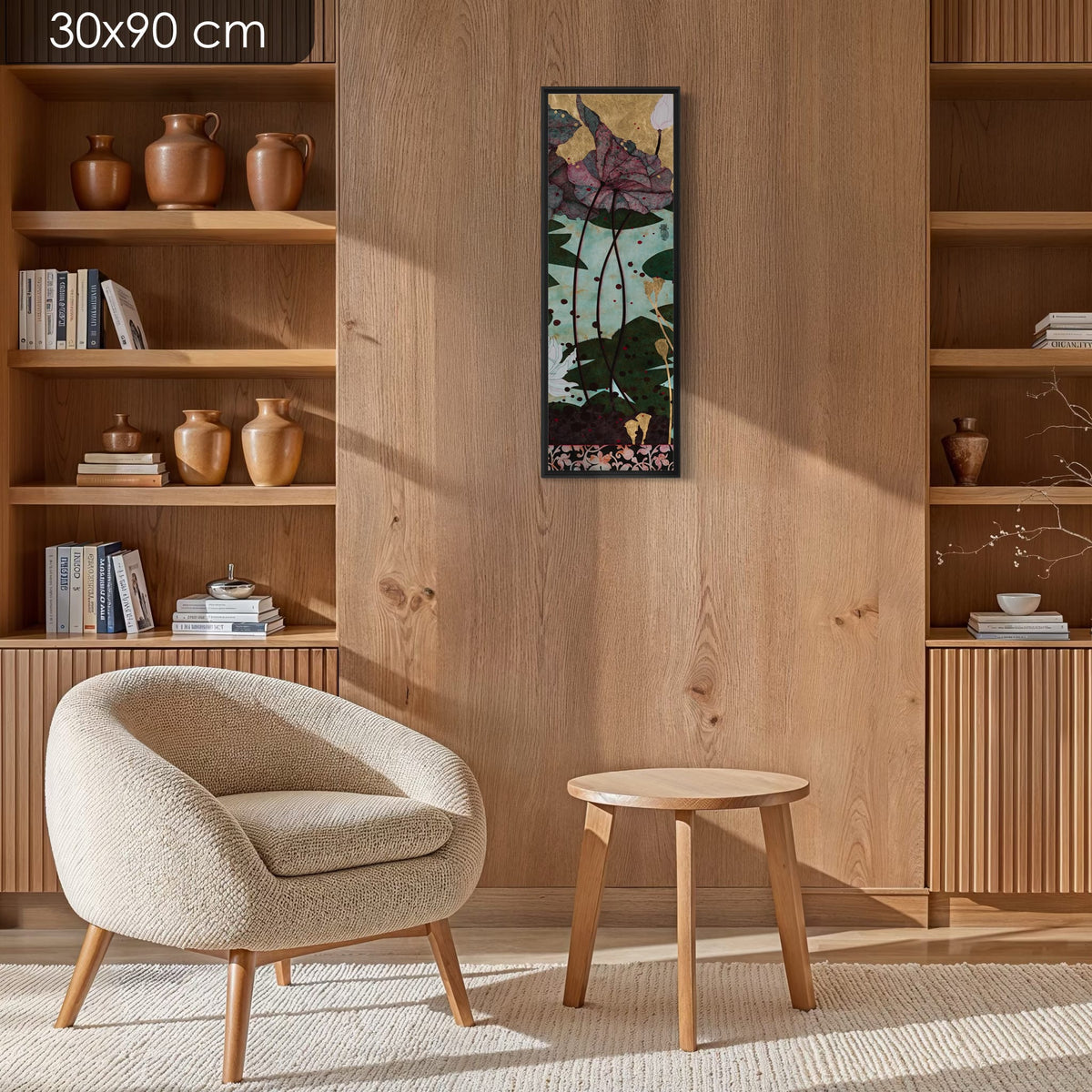 Et les grenouilles chatouillaient mes sens... plaisir indescriptible... — série limitée 30 × 90 cm, caisse américaine Madison noire — salon-bois — Lalou Kraffe