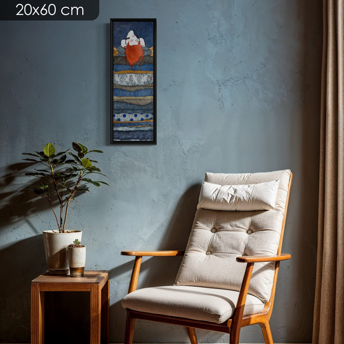 « Et puis tu m'as offert ton cou... » — série limitée 20 × 60 cm, caisse américaine Madison noire — fauteuil-mur-bleu — Lalou Kraffe