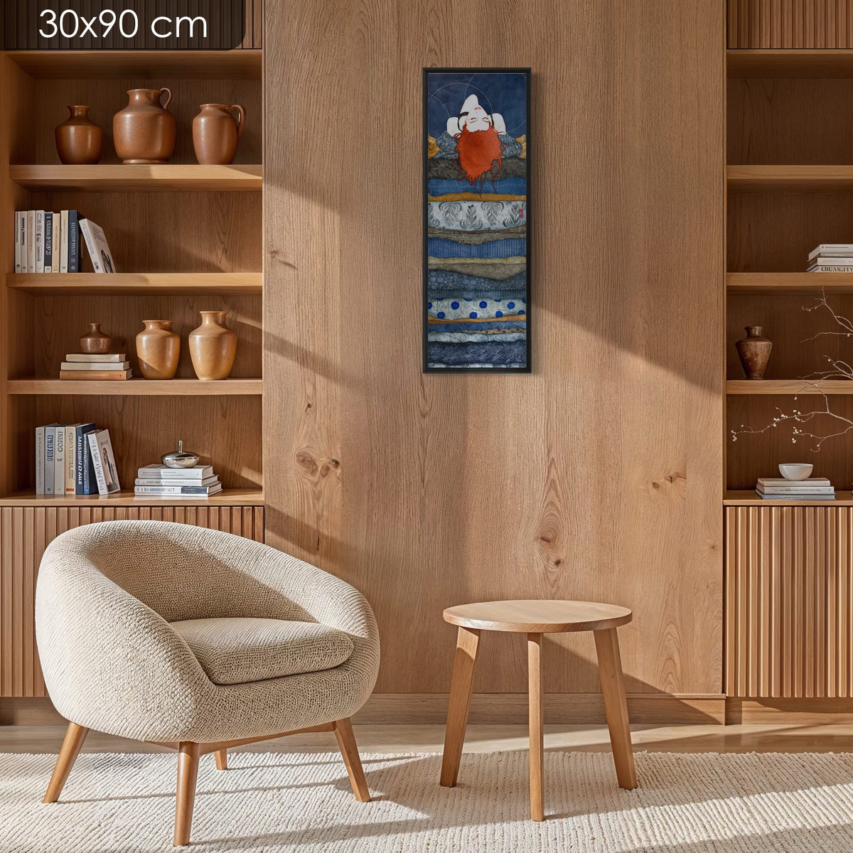 « Et puis tu m'as offert ton cou... » — série limitée 30 × 90 cm, caisse américaine Madison noire — salon-bois — Lalou Kraffe