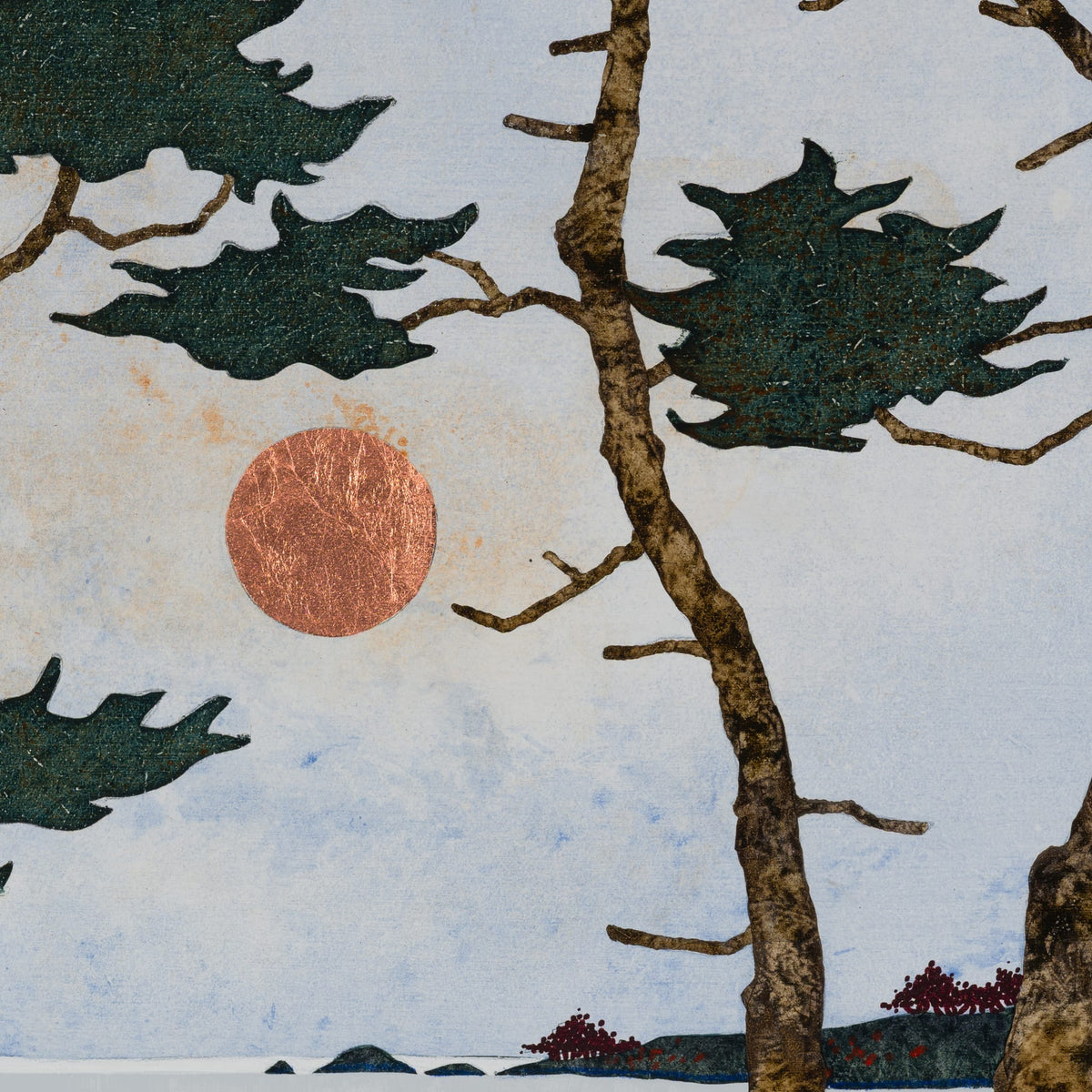 Au frais dans les fougères — détail des pins, du soleil cuivré et des matières de la peinture
