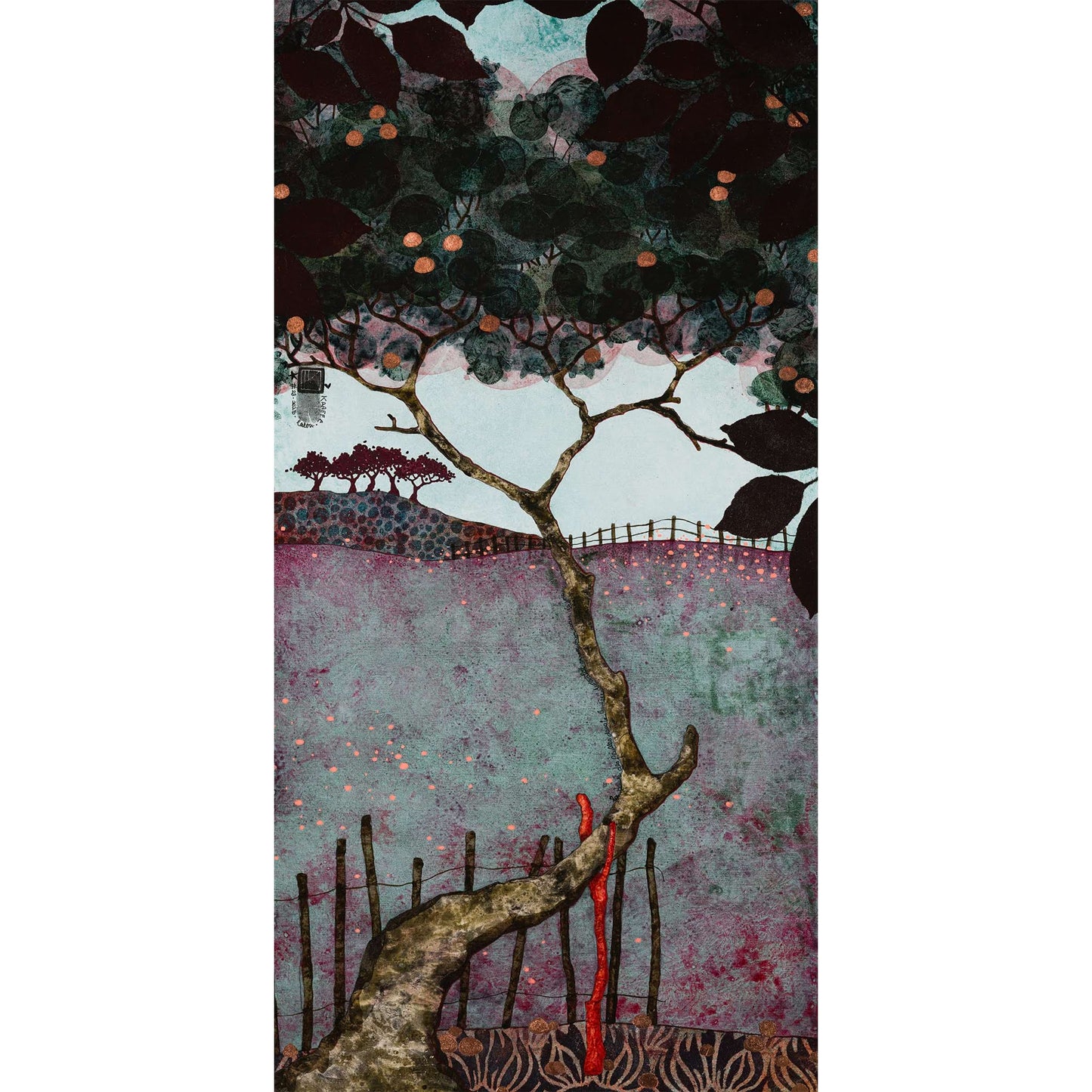 Paysage japonisant de Normandie avec pommier, douceur et sérénité, estampe japonaise, nature figurative