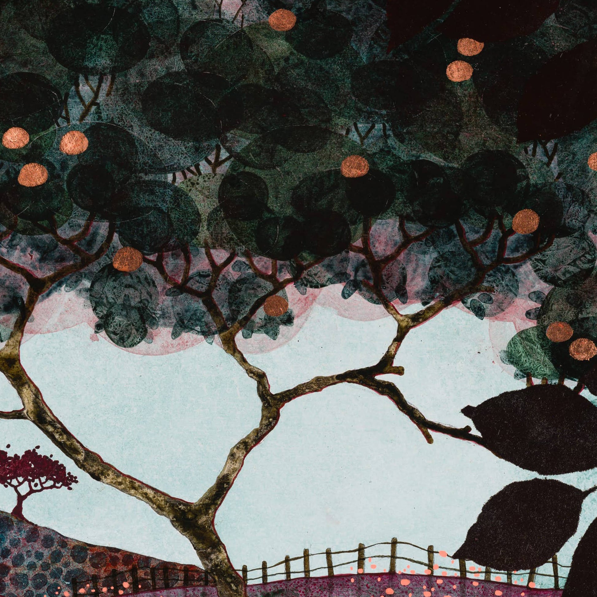 Paysage japonisant de Normandie avec pommier, douceur et sérénité, estampe japonaise, nature figurative, peinture originale